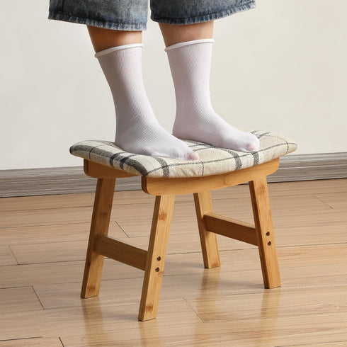 BAMBOO LAND- Bamboo Foot Stools Ottoman, Stripes Beige Cushion & Natural Wood Legs, Small Ottoman Foot Rest for Couch