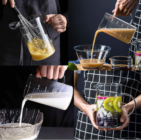 1L Glass Measuring Cups Jugs with Lid - Large Measuring Pitcher Beaker for Hot/Cold Liquid, Clear Scale with Spout