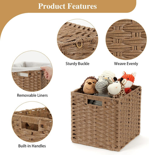 DULLEMELO Wicker Storage Baskets, 11x11 Cube Bins, Foldable Plastic Cubby Baskets Set of 2 for Organizing, Brown