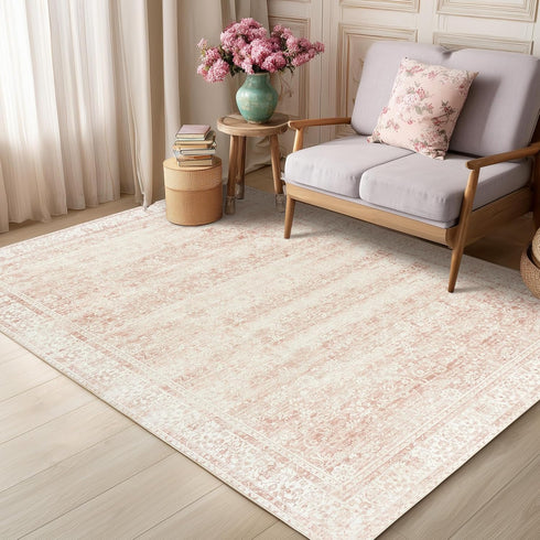 5 7 Playroom,5x7 Pink Nursery Rug for Baby Girl x Neutral Blush Pink Boho Cute Floral Foldable Machine Washable Low
