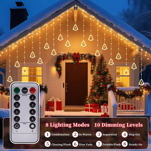 Remote,8 IP65 10 Christmas Tree Curtain Lights, Christmas Window Lights Decor with Lighting Modes, Waterproof, Hooks