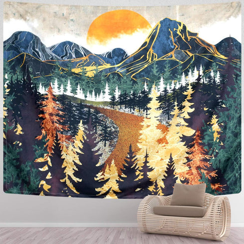 SENYYI Mountain Tapestry Wall Hanging, 59.1 x 59.1 inches, Forest Trees Art Tapestry, Sunset Landscape Home Decor