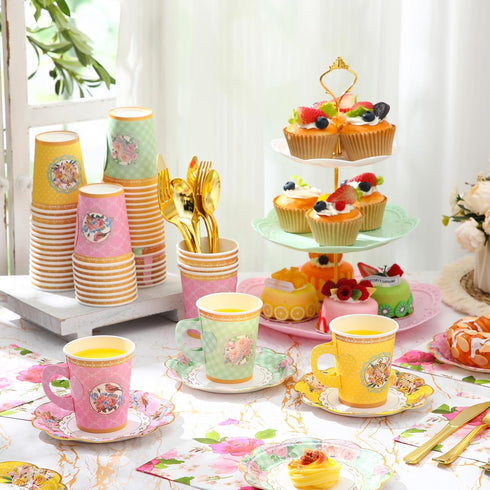83 Set 3-Tier 12 Layhit Pcs Floral Tea Party for Girls Disposable Vintage Tableware with Cake Stand, Serves Paper Cups
