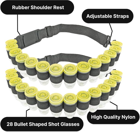 Fairly Odd Novelties Shot Glass Ammo Belt with 28 Bullet-Shaped Shot Glasses, Adjustable Nylon for Parties