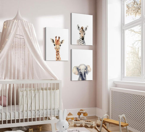 Set 3 12x16in Framed Kid'S Room Animals Wall Art Pictures of Cute Giraffe Zebra Elephant Canvas Prints Woodland Nursery