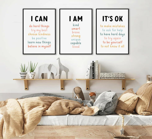 PPJ 3Pcs Affirmations For Kids Wall Art Nursery Wall Decor Daily Inspirational Quotes Prints Posters Kids Bedroom