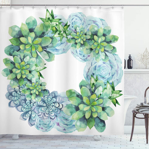 Ambesonne Succulent Shower Curtain, Watercolor Succulent Wreath Circular Design, Bridal Wedding Theme, Cloth Fabric
