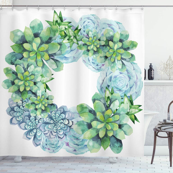 Ambesonne Succulent Shower Curtain, Watercolor Succulent Wreath Circular Design, Bridal Wedding Theme, Cloth Fabric