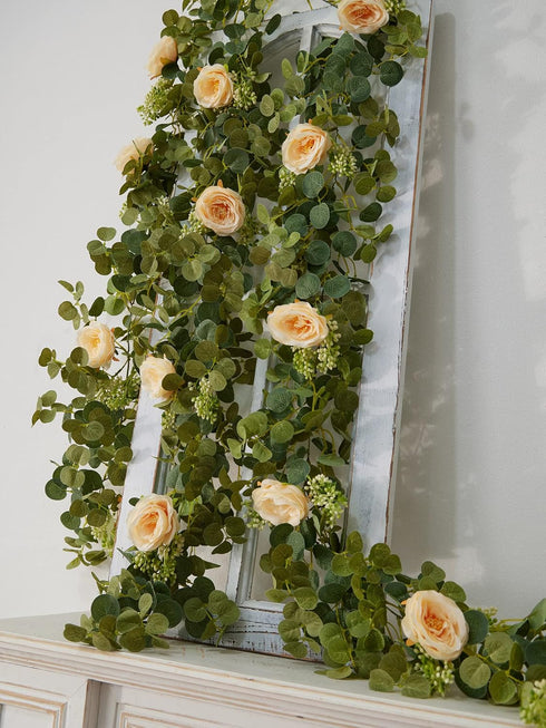 PARTY JOY 6.56ft Eucalyptus Garland with 8 Champagne Roses, Lush Floral Greenery for Party Wedding Decor