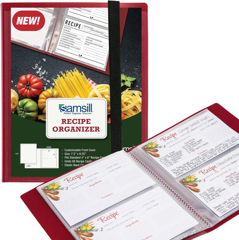Samsill Plastic Recipe Holder: Recipe Book with Sleeves, Holds up to 88 Recipe Cards, 4x6 Index Cards, Customizable