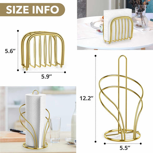 Paper Towel Holder Countertop, Stainless Steel Paper Towel Roll Holder and Paper Napkinholder Set, Standing Paper Towel Roll Holder Stand with Weighted Base Suction Cups (Gold) by Wuwrll