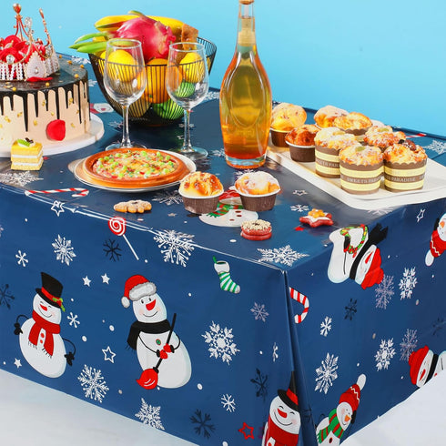 Irenare Snowman Christmas Party Tablecloth, Plastic Snowflakes Table Cover for Holiday Decor, 54 x 108 Inch (Blue)