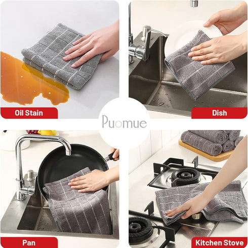 Set of 12 Microfiber Kitchen Towels and Dishcloths, 26 x 18 Inch and 12 x 12 Inch, Lint Free Grey Dish Towels