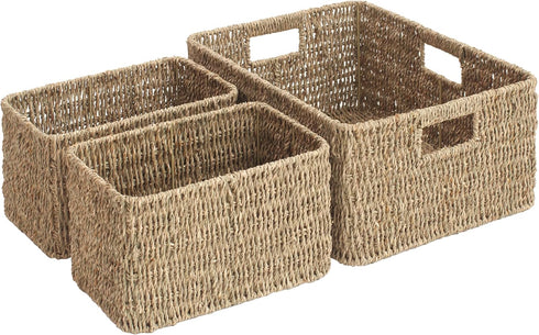JS HOME Set of 3 Seagrass Wicker Baskets, Large and Small Organizing Baskets with Built-in Handles, Shelf Organizer
