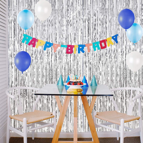 CHRORINE 2pcs 3ft x 8.3ft Silver Tinsel Foil Fringe Curtains for Birthday Graduation Engagement Party Decorations
