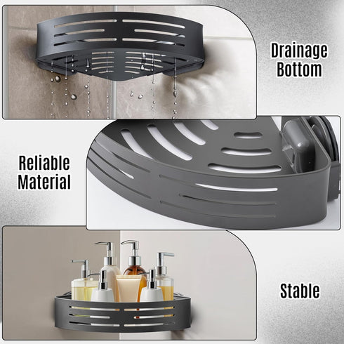 GQIRIL 2 Corner Shower Caddy Shelves - Suction Cup Shower Organizer Shelf with Hooks, Adhesive Bathroom Wall Hanging