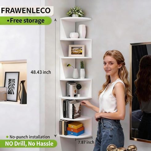 7-Tier No-Drill Corner Shelf Wall Mount, Floating Corner Bookshelf with Hooks, Space-Saving Zigzag Plant Shelf