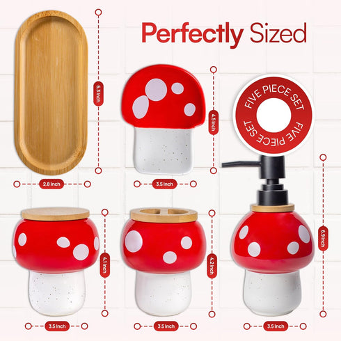 Set Mushroom Bathroom Decor Ceramic Soap Dispenser, Toothbrush Holder, Canister, and Soap Dish with Bamboo Accessories