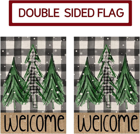 Welcome Christmas Trees Winter Garden Flag - 12 x 18 Inch Vertical Double Sided Buffalo Plaid Holiday Décor