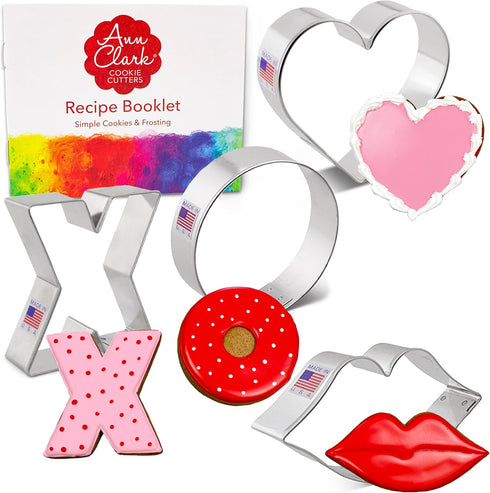 Ann Clark 4-Pc. Set Valentines Cookie Cutters Made in the USA, Lips, Heart, X, and O