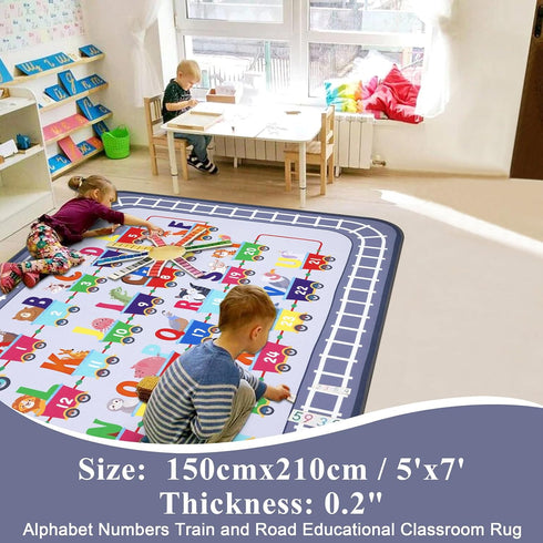 5x7Ft, 5'x7') HiiARug Playroom Rug, Train and Road Kids Play Mat Non-Slip ABC Rug Educational Washable Rugs