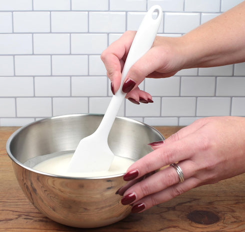 RSVP International Ela Series Heat Resistant Cooking & Baking Strong Silicone Wrapped Steel Rubber Scraper, Spatula, 11x2, White