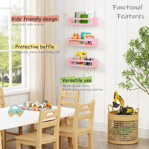 Set 3, Harwaya Pink Nursery Floating Shelves for Wall of Baby Girls Room Wall Book Shelves for Kids Bedroom, Corner