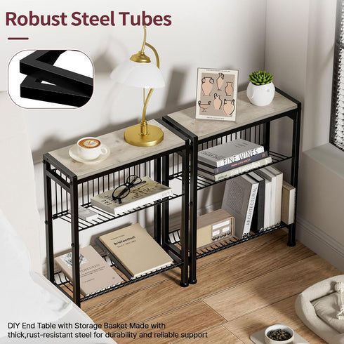 3-Tier Narrow Side Table for Small Space, End Table with Magazine Holder, Slim Nightstand with Wire Shelf, Skinny