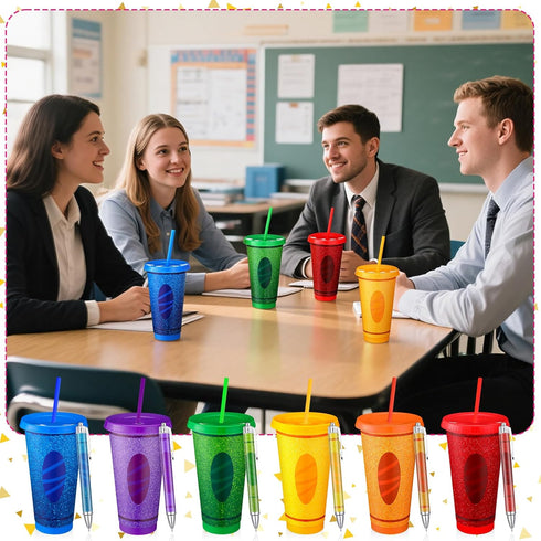 12 Set 24oz Skylety Teacher Appreciation Gift Bulk Include Reusable Pencil Plastic Coffee Cup with Lid Straw Graduation