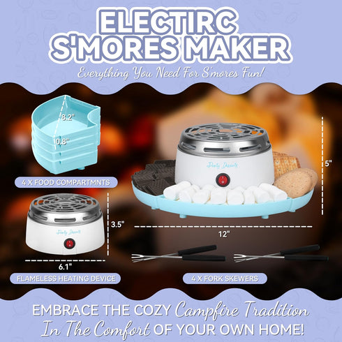 Electric Smores Maker Indoor Kit, Marshmallow Roaster with 4 Compartment Trays & Forks for Holidays and Parties