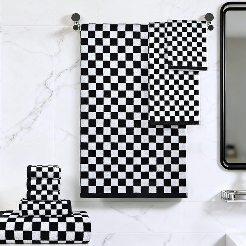 Set 8, 2 2 4 Jacquotha Black and White Towels of Cute Checkered Towels for Bathroom Decor, Bath, Hand, Washcloths