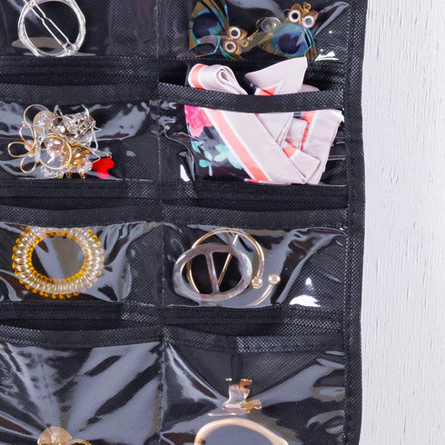 Cemueo Hanging Jewelry Organizer, Double Sided 80 Pocket Jewelry Storage Bag, 2 Layer Fabric Holder for Necklace,