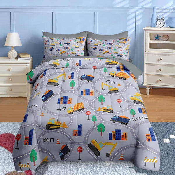 Nesker 5 Pcs Comforter Set Twin Size, Construction Vehicles Car Bedding for