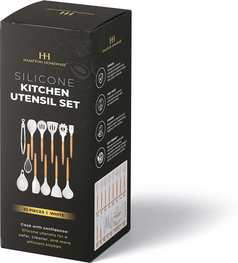 Kitchen Utensils Set, 33 pcs Non-Stick Silicone Cooking Utensils, Heat-Resistant Wooden Gadgets for Cooking, White