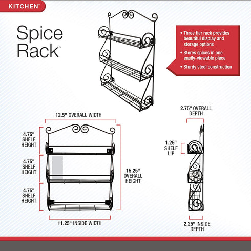 Spectrum Diversified Scroll Spice Wall Mount Rack, Black