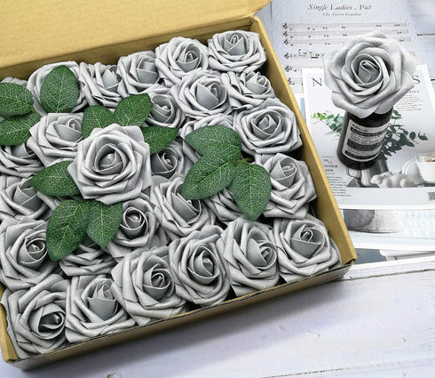 D-Seven Artificial Flowers - 30PCS Real Looking Fake Roses with Stem for DIY Wedding Bouquets