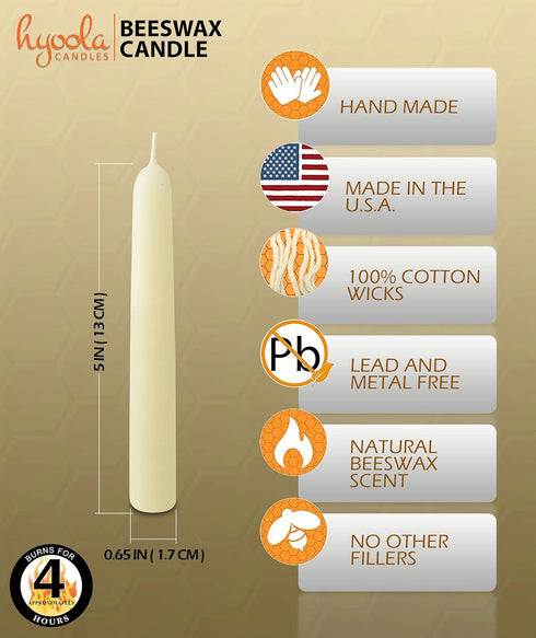 Hyoola 4" Beeswax Taper Candles, 12 Pack, Handmade, 100% Pure Unscented Bee Wax, Decorative White, 4 Hour Burn