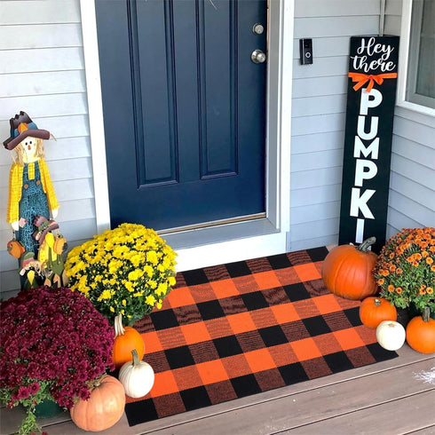Hand-Woven Cotton Orange and Black Plaid Rug, 27.5 x 43 Inches, Washable Front Door Mat for Porch and Entryway