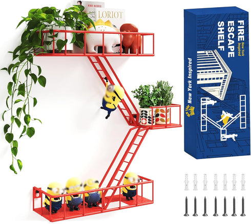 Fire Escape Shelf - 3 Tier Metal Red Fire Escape Wall Shelves