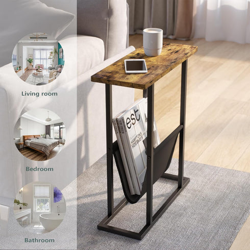 Yusong Narrow Side Table for Small Spaces, Small End Table with Magazine Holder, Skinny Slim Little Thin Table