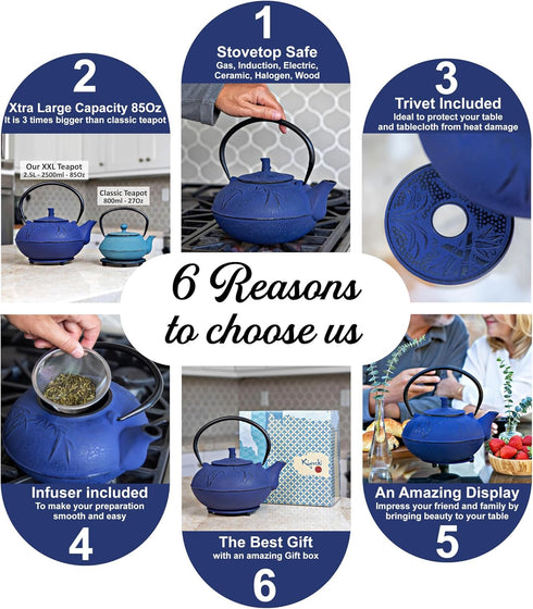 85 Oz/2500ml Set XXL Japanese Cast Iron Teapot with Infuser & Matching Trivet - Large Tetsubin Loose Leaf Tea Pot