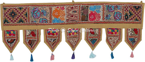 Indian Cotton Window Valance, Beige Ethnic Vintage Embroidered Patchwork Tassels Floral Scarf Curtain Topper