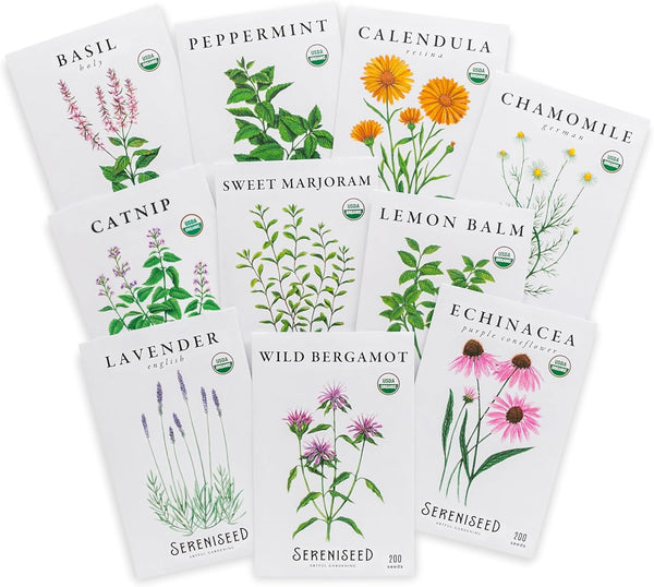 Sereniseed Certified Organic Herbal Tea Seed Collection (10-Pack) 100% Non GMO, Open