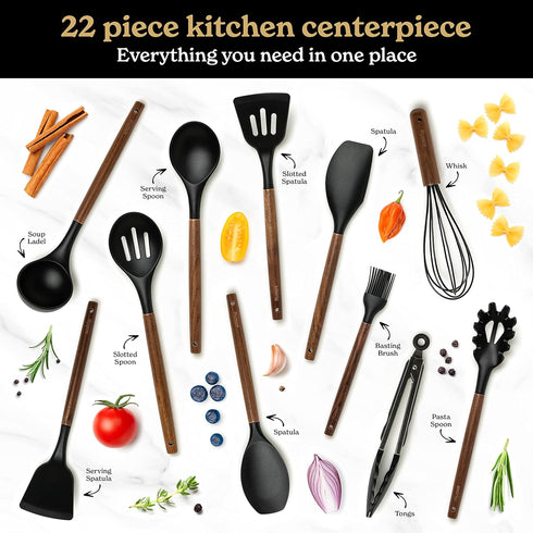 Silicone Kitchen Utensils Set & Holder, Cooking Essentials for New Home & 1st Apartment (Acacia Wood, Black)