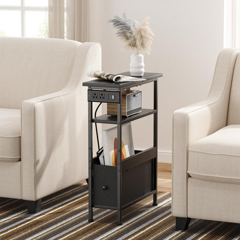 1 Creso hom Narrow Side Table with Charging Station and LED Light, Small End Table with Fabric Drawer, Skinny