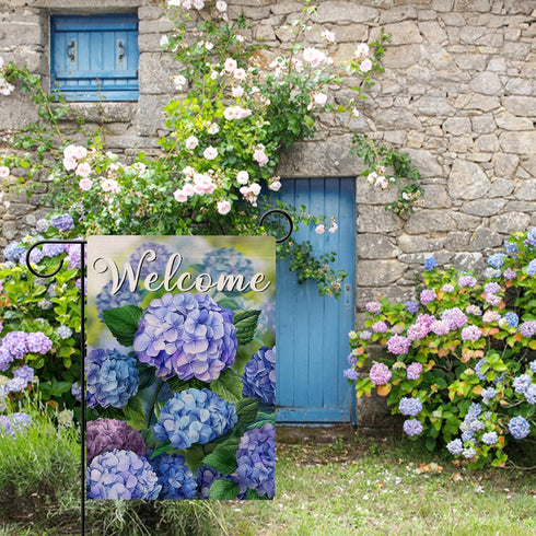 Welcome Spring Floral Flowers Garden Flag, Double Sided Hydrangea Decorative Yard Outdoor Small Decor, 12 x 18