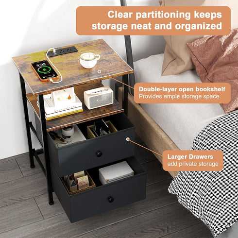 Smoproper 2 Nightstand with Charging Station, Bedside End Table with Fabric Drawers for Bedroom, Side Table with USB