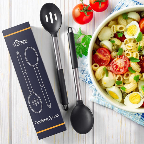 HOTEC Heat Resistant Large Silicone Cooking Spoon, Solid Slotted Spoons for Kitchen