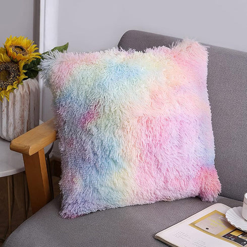 Soft Faux Fur Throw Pillow Covers, Pack of 2 Peach Blush Plush Tie Dye Pink Cushion Cases for Sofa
