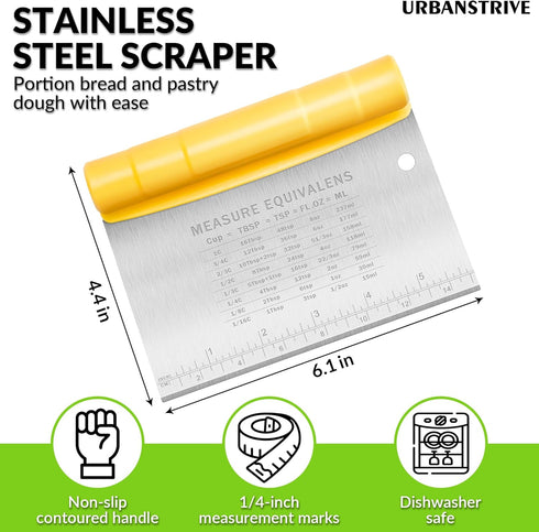 Urbanstrive Bench Scraper for Baking, Stainless Steel Dough Cutter and Scraper Tool Kitchen, Kitchen Scraper Food Scraper Tool Pizza Cutter Food Chopper, Multi-Purpose Kitchen Gadgets, Yellow